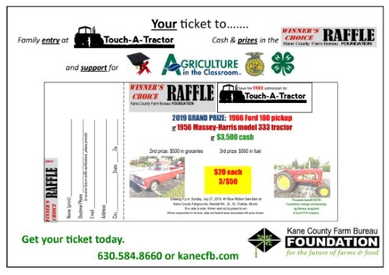 Kane County Farm Bureau Foundation 7-21-2019 raffle - Choose a 1966 Ford F-100, 1956 Massey-Harris Tractor or $3,500 Cash - sample ticket