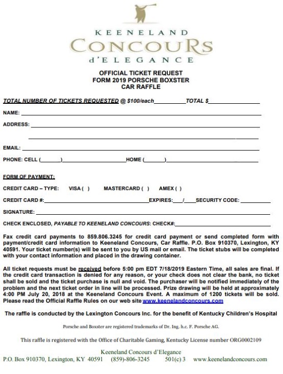 Keeneland Concourse 7-20-2019 raffle - 2019 Porsche 718 Boxster - order form 