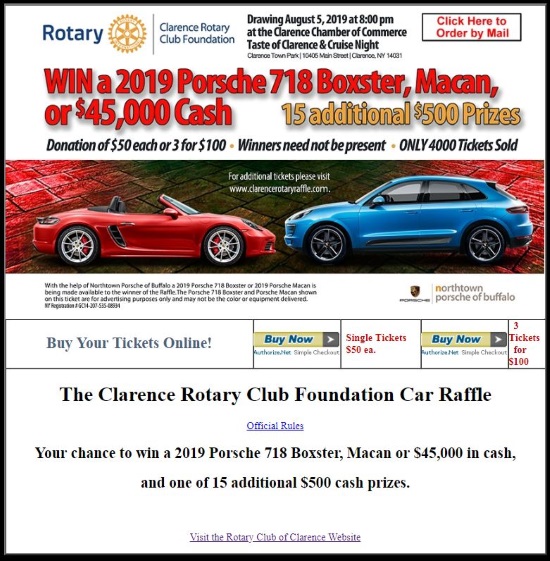 Clarence Rotary Club Foundation 8-05-2019 raffle - 2019 Porsche 718 Boxster, Macan or $45,000 Cash Flyer 