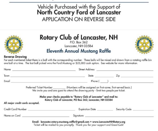 Rotary Club of Lancaster, NH - 8-01-2019 raffle - 2019 Ford Mustang GT Coupe Velocity Blue - order form 