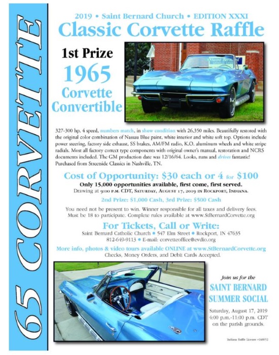 St. Bernard Catholic Church 8-17-2019 raffle - 1965 Corvette Convertible - Flyer 