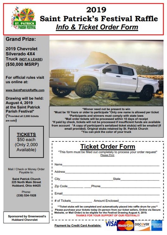 St. Patrick Parish Hubbard, Ohio 8-04-2019 raffle - 2019 Chevrolet Silverado 1500 Crew Cab 4×4 or $25,000 Cash - Flyer Order Form 