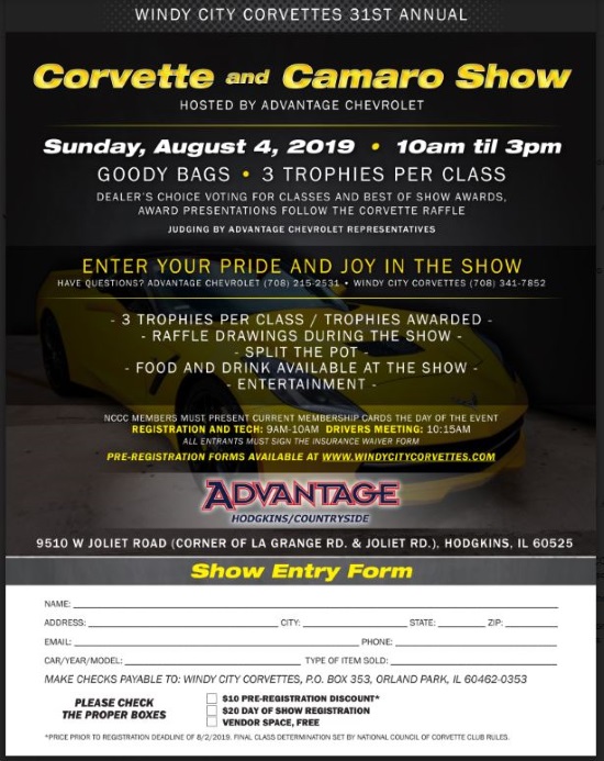 Windy City Corvettes 8-04-2019 raffle - 2019 Chevy Corvette or $45,000 Cash - car show flyer 