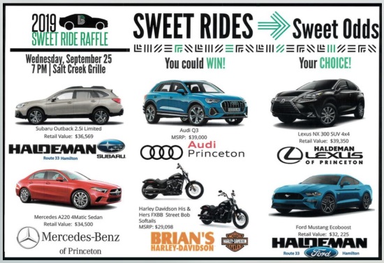 Big Brothers Big Sisters of Mercer County 9-25-2019 raffle - Choose (1 of 5) 2019 vehicles or a Pair of Harleys - Flyer 