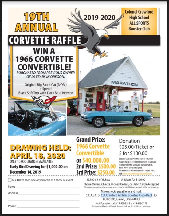 Col. Crawford Athletic Booster Club 4-18-2020 raffle - 1966 Corvette Convertible or $40,000 Cash -Flyer 