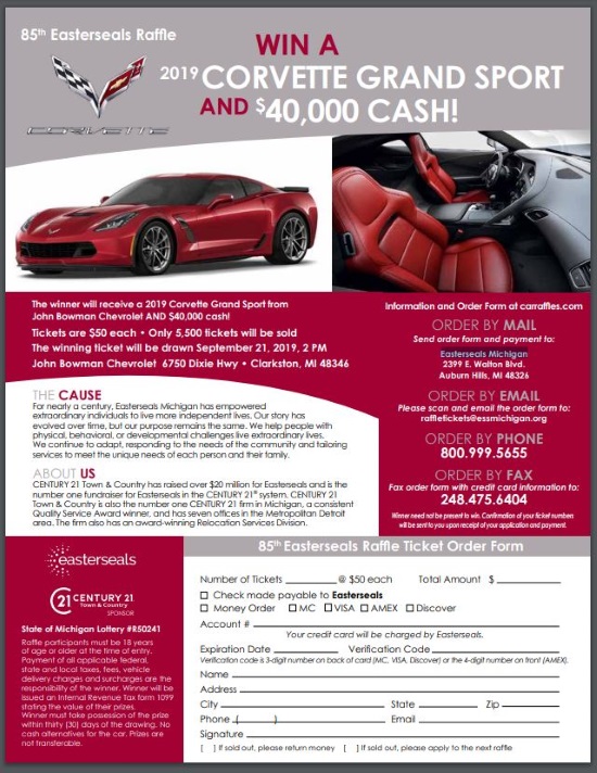 Easterseals 9-21-2019 raffle - 2019 Corvette Grand Sport & $40,000 - Flyer 