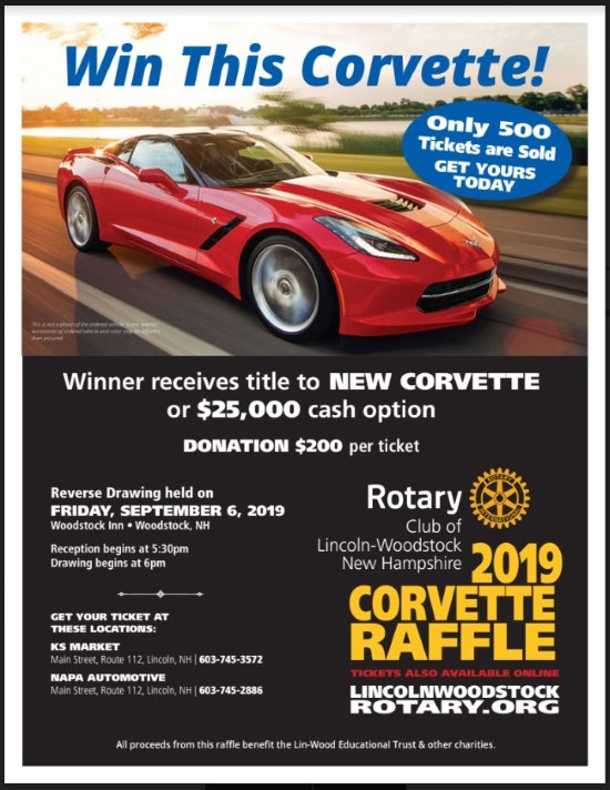 Lincoln-Woodstock Rotary Club 9-06-2019 raffle - 2019 Corvette or $25,000.00 Cash - flyer #2 