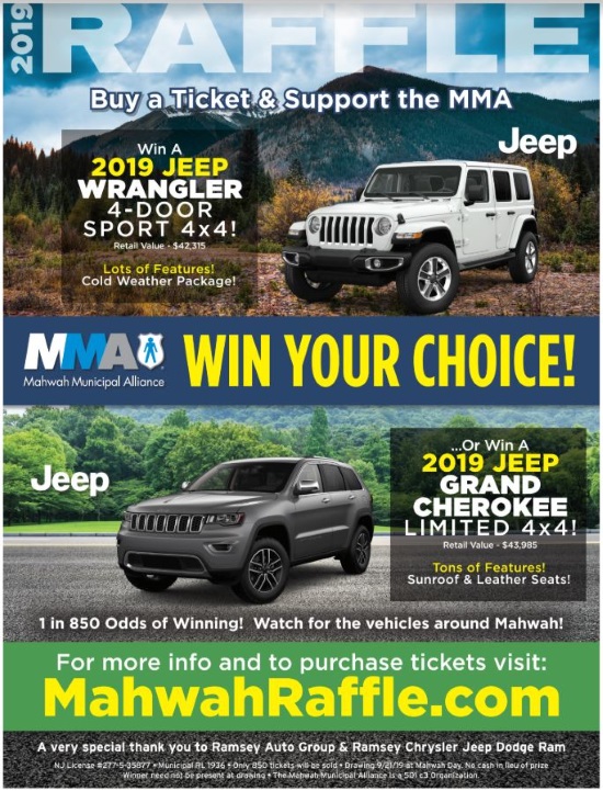 Mahwah Municipal Alliance 9-21-2019 raffle - Choose a 2019 Jeep Wrangler Sport or 2019 Jeep Grand Cherokee -