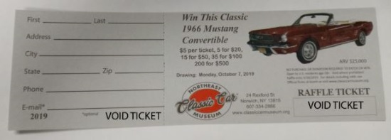 Northeast Classic Car Museum 9-30-2019 raffle - 1966 Mustang Convertible - ticket 