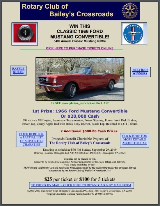 Rotary Club of Bailey's Crossroads, Virginia 9-29-2019 raffle - 1966 Ford Mustang Convertible or $20,000 Cash - Flyer #2 