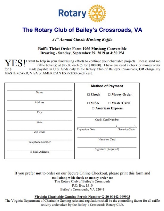 Rotary Club of Bailey's Crossroads, Virginia 9-29-2019 raffle - 1966 Ford Mustang Convertible or $20,000 Cash - order form 