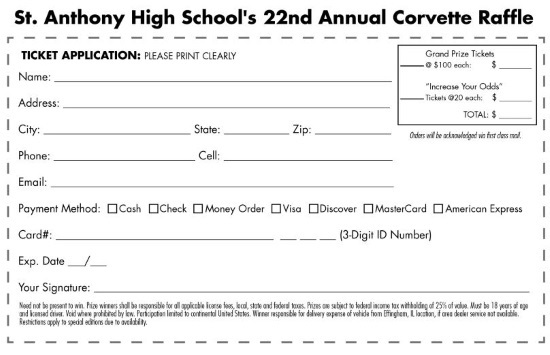 St. Anthony of Padua High School 9-22-2019 raffle - 2020 C8Corvette or $65,000 Cash - Order Form