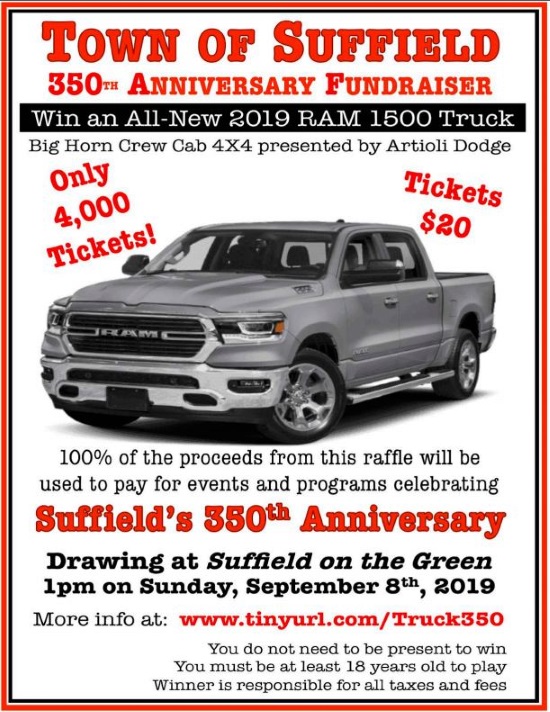 Suffield 350th Anniversary Celebration 9-08-2019 raffle - 2019 RAM 1500 Big Horn Crew Cab pick-up - Flyer 