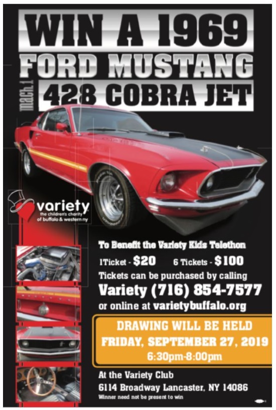 Variety—the Children’s Charity of Buffalo & WNY 9-27-2019 raffle - 1969 Ford Mustang Mach 1 428 Cobra Jet - Flyer 