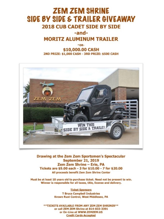 Zem Zem Shrine 9-21-2019 drawing - 2018 CUB CADET SIDE BY SIDE & Trailer or $10,000 Cash - side by side- trailer-Flyer 