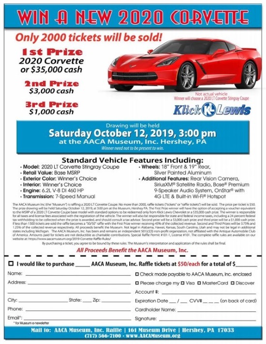 AACA Museum 10-12-2019 raffle - 2020 LT Corvette Stingray Coupe or $35,000 Cash -- Flyer order form