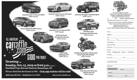 Big Brothers Big Sisters of Cumberland and Salem Counties 10-13-2019 raffle - Choose ( 1 of 9 ) 2019 vehicles or Pair of Harley-Davidsons - Flyer