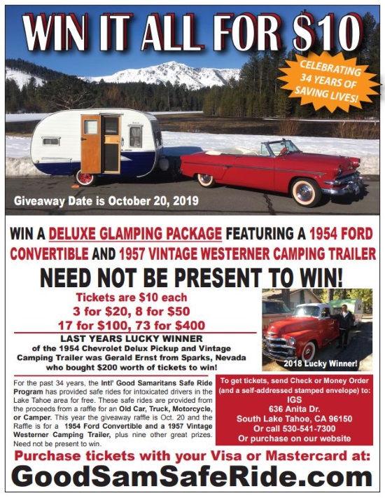 Good Sam Safe Ride 10-20-2019 raffle - 1954 Ford Crestline Convertible & 1957 Westerner Camper - flyer 