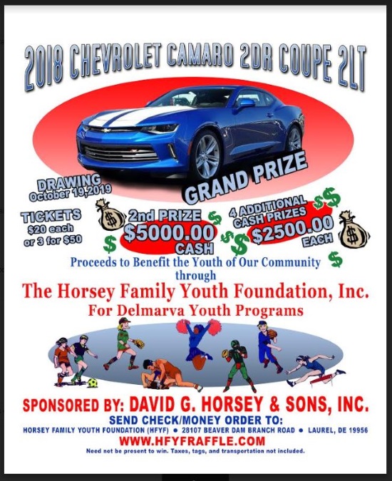 Horsey Youth Foundation 10-19-2019 raffle - 2018 Chevy Camaro 2dr. Coupe 2LT - flyer 