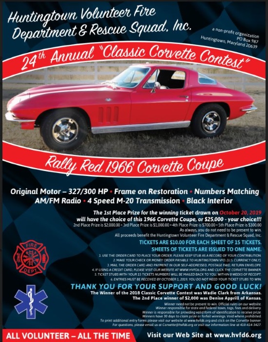 Huntingtown VFD & Rescue Squad 10-20-2019 raffle - Rally Red 1966 Corvette Coupe or $25,000 Cash - Flyer.#2 