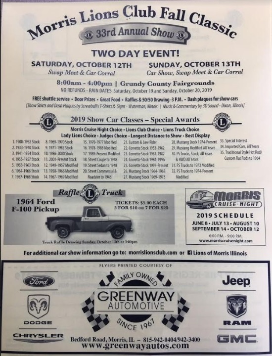 Morris Lions Club, IL 10-13-2019 raffle - 1964 Ford F-100 step side pickup - Flyer