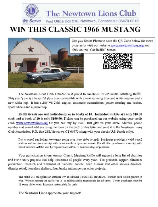 Newtown Lions Club 10-19-2019 raffle - 1966 Classic Mustang Convertible - Flyer