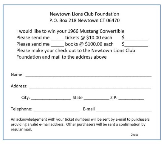 Newtown Lions Club 10-19-2019 raffle - 1966 Classic Mustang Convertible - order form 