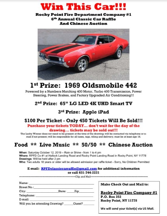 Rocky Point Fire Department 10-12-2019 raffle - 1969 Oldsmobile 442 - Flyer Order Form 