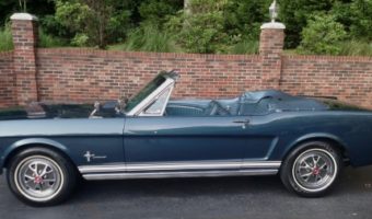 Rotary Club of St. Michaels 10-17-2019 raffle - 1965 Ford Mustang convertible in Caspian Blue - left side top dn