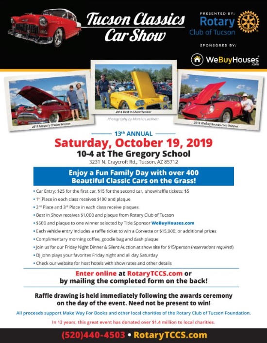 Rotary Club of Tucson 10-19-2019 - 2006 C-6 Chevy Corvette Convertible or $15,000 cash - car show flyer 