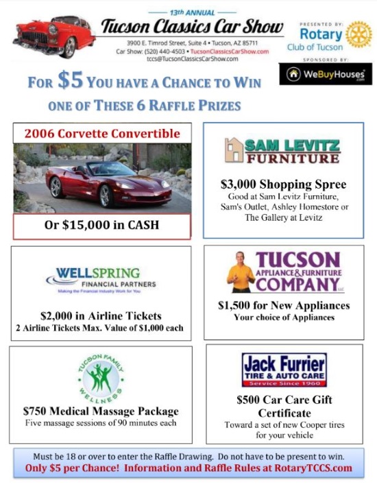 Rotary Club of Tucson 10-19-2019 - 2006 C-6 Chevy Corvette Convertible or $15,000 cash - raffle flyer 