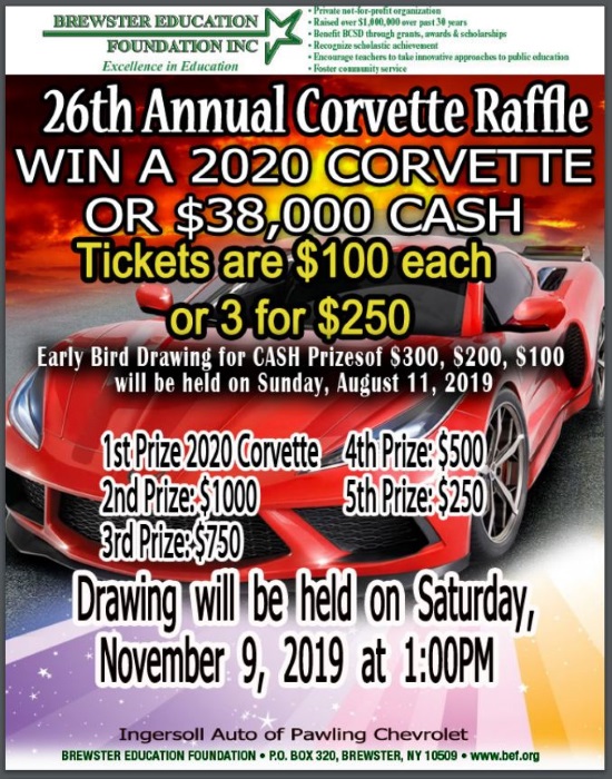 Brewster Education Foundation 11-09-2019 raffle - 2020 Corvette Coupe or $38,000 Cash - Flyer 