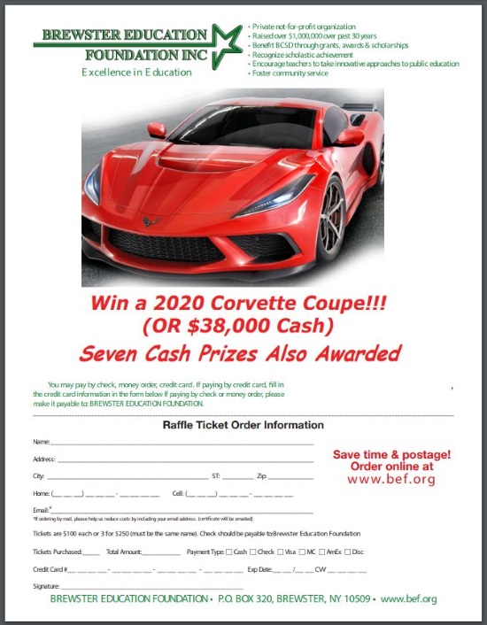 Brewster Education Foundation 11-09-2019 raffle - 2020 Corvette Coupe or $38,000 Cash - Order Form 