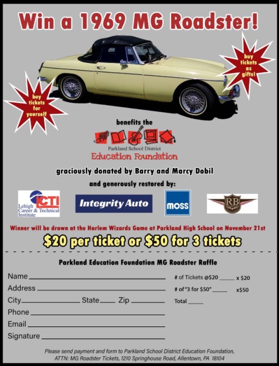 Parkland Education Foundation 11-21-2019 raffle - 1969 MGB Roadster Convertible -poster order form 