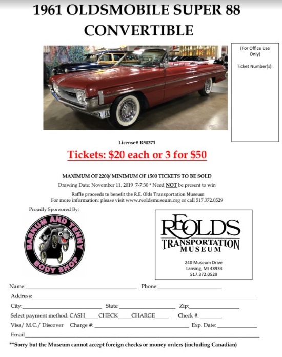 R.E. Olda Museum 11-11-2019 raffle- 1961 Olds Super 88 Convertible - Flyer 