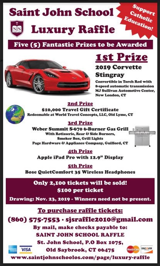 Saint John School 11-23-2019 raffle - 2019 Corvette Stingray Convertible - Flyer