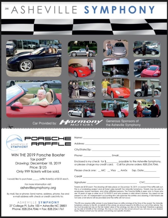 Asheville Symphony 12-18-19 raffle - 2019 Porsche Boxster (TAXES PAID ) - Flyer Order Form 