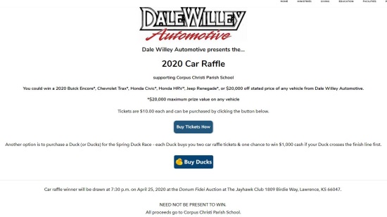 Corpus Christi Catholic Church 4-25-2020 raffle - Choose a 2020 Buick Encore, Chevrolet Trax, Honda Civic, Honda HRV, Jeep Renegade, or $20,000 off - Flyer 