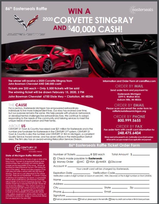 Easterseals Michigan 2-15-2020 raffle - 2020 Corvette Stingray AND $40,000 Cash - Flyer 