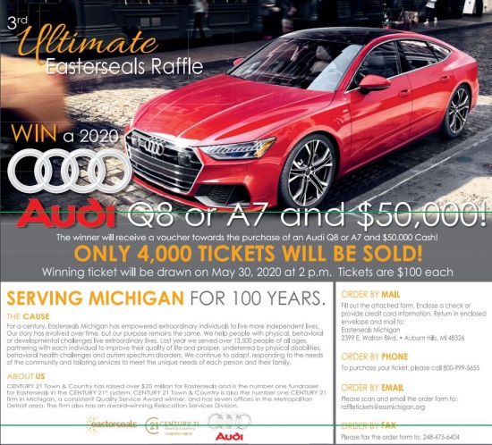 Easterseals Michigan 5-30-2020 Ultimate Raffle - 2020 Audi Q8 or A7 and $50,000 Cash - Flyer top