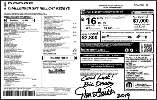 Dream Giveaway Hellcat 3-31-2020 Drawing - 2019 Dodge Challenger Hellcat Redeye plus $20,000 for taxes - window sticker 