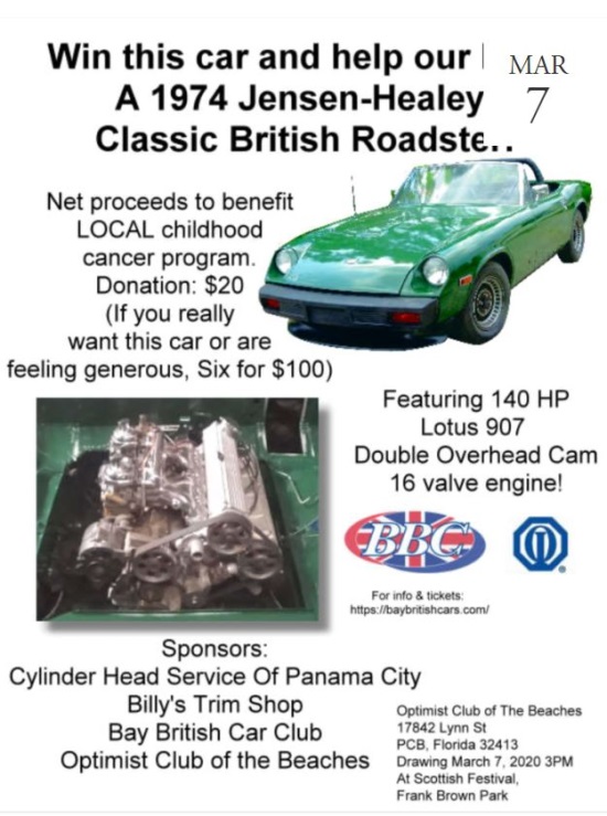 Optimist Club Foundation 3-07-2020 raffle - 1974 Jensen Healey with Lotus Engine - Flyer 