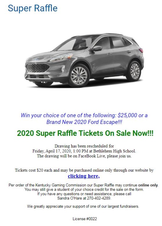 Bethlehem High School , KY 3-20-2020 raffle - 2020 Ford Escape or $25,000 Cash - Poster #2 