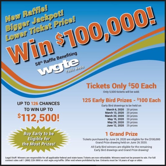 WGTE 6-26-2020(extend) raffle - $100,000 could put you in the CAR of your dreams - new draw date flyer 