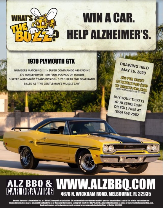 Brevard Alzheimer's Foundation 5-16-2020 drawing - 1970 “Numbers Matching” Plymouth GTX - new corrected flyer 