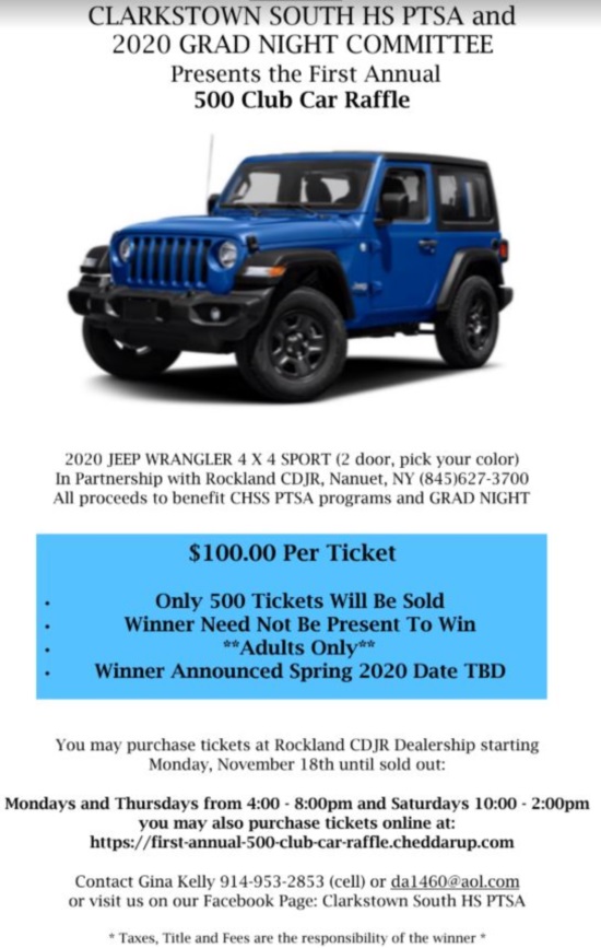 Clarkstown High School South 5-01-2020 raffle - 2020 JEEP WRANGLER 4 X 4 SPORT - Flyer.#2 