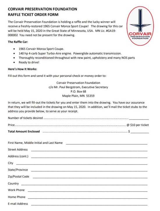 Corvair Preservation Foundation 5-15-2020 raffle - 1965 Corvair Monza Sport Coupe - order form.#2 