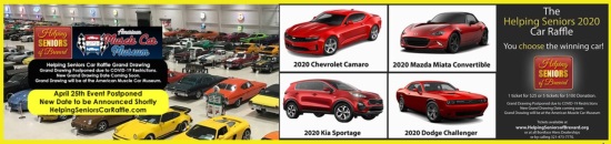 Helping Seniors of Brevard County 4-25-2020 drawing - Choose a 2020 Chevy Mazda Kia Dodge.new date poster with yellow
