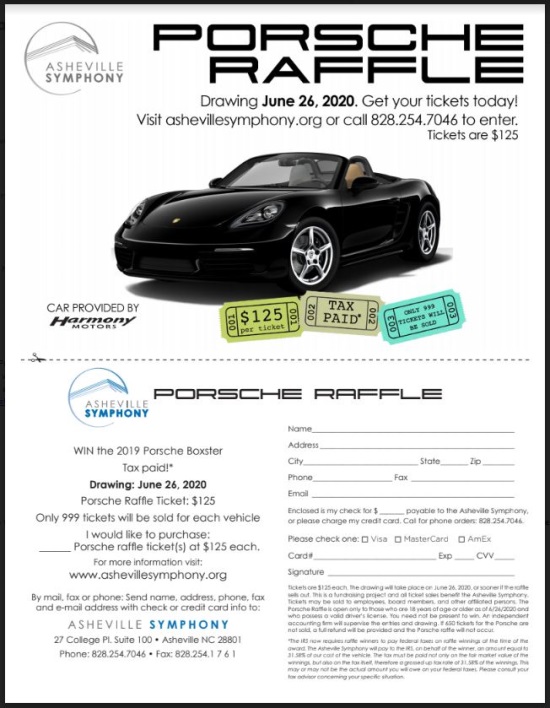 Asheville Symphony 6-26-2020 raffle - 2019 Porsche Boxster, Tax Paid - Flyer order form. #2 