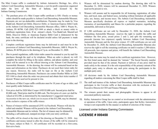 Auburn Cord Auto Museum 112-31-2020 raffle - 2020 MINI COOPER S & $5,000 CASH - rules 